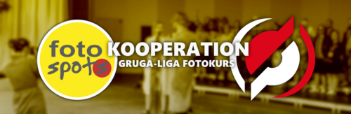 Zu sehen ist auf der linken Seite das Logo von fotospots, auf der rechten Seite das Logo der Gruga-Liga und ein Schriftzug "Kooperation Gruga-Liga Fotokurs"
