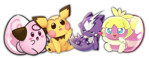 Ein Pii, Ein Pichu, Ein Toxel und ein Kussilla sitzen zusammengekuschelt zwischen zwei Pokémon-Eiern